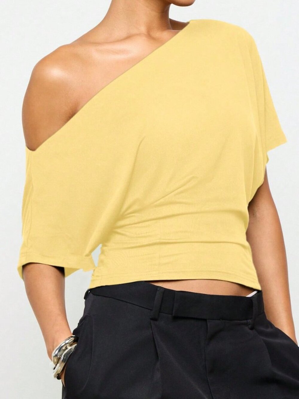Yellow Casual Off-Shoulder Women's Dolman Sleeve Relaxed Fit Crop Top